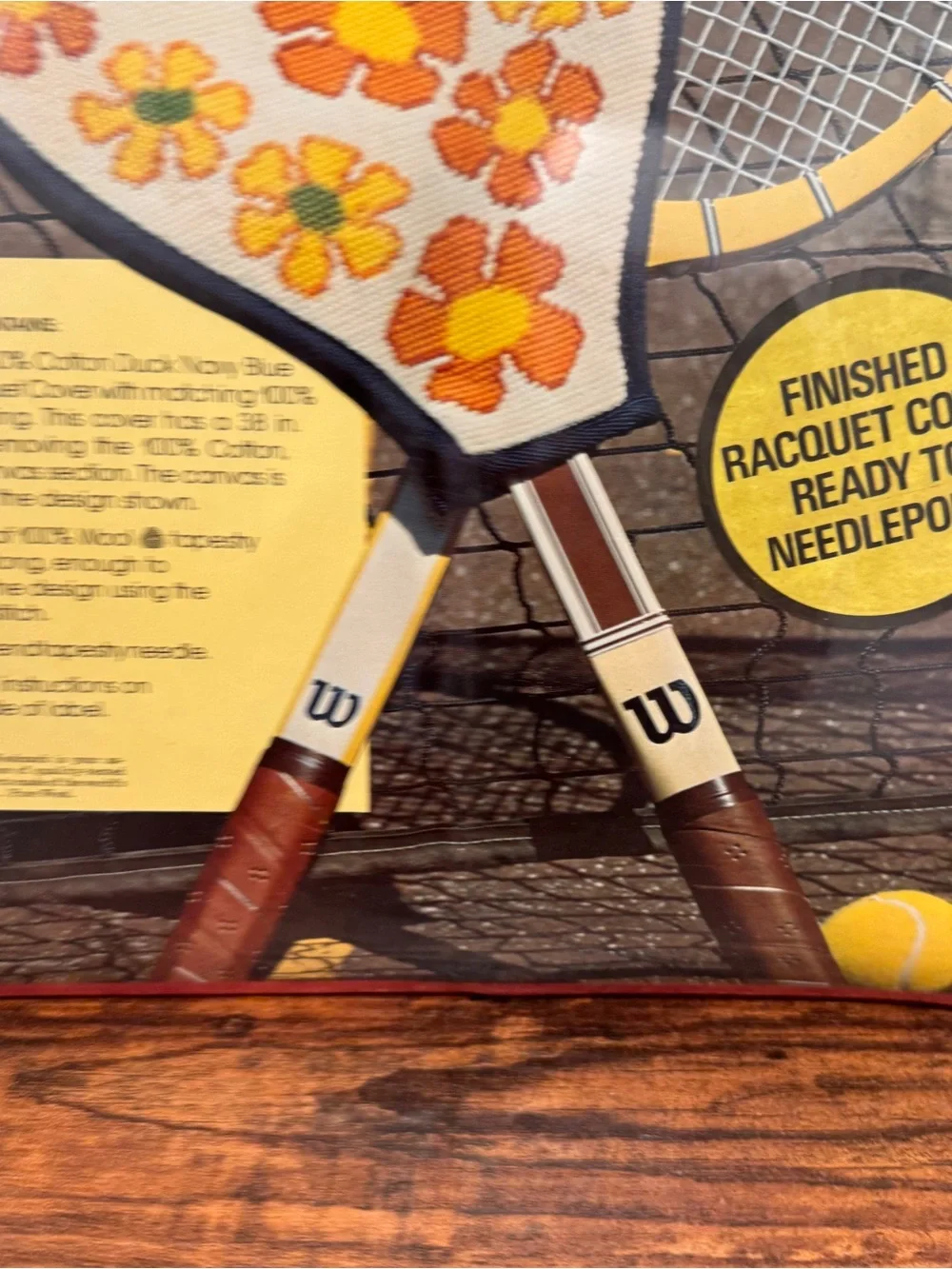 New Vintage Needlepoint Tennis Racquet Cover Kit Wonderart White Orange Daisies